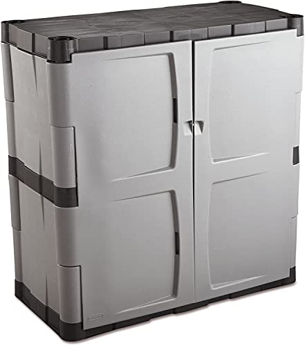 Rubbermaid Freestanding Storage Cabinet with Doors, 18"D x 36"W x 37"H, Medium, Gray/Black, Two-Shelf Lockable Cabinet for Indoor/Outdoor/Garage Storage for Garden Tools/Lawn Care Accessories