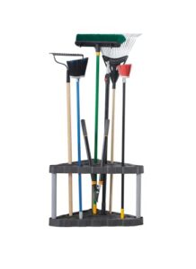 rubbermaid garage corner tool tower rack, easy to assemble, organizes up to 30 long-handled tools/rakes/ brooms/shovles for home/house/outdoor/sheds