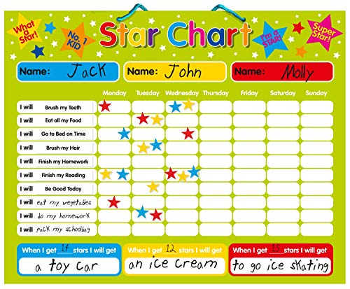 Magnetic Reward / Star / Responsibility / Behavior Chart for up to 3 Children. Rigid board 16" x 13" (40 x 32cm) with hanging loop