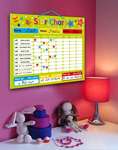 Magnetic Reward / Star / Responsibility / Behavior Chart for up to 3 Children. Rigid board 16" x 13" (40 x 32cm) with hanging loop