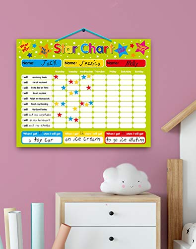 Magnetic Reward / Star / Responsibility / Behavior Chart for up to 3 Children. Rigid board 16" x 13" (40 x 32cm) with hanging loop