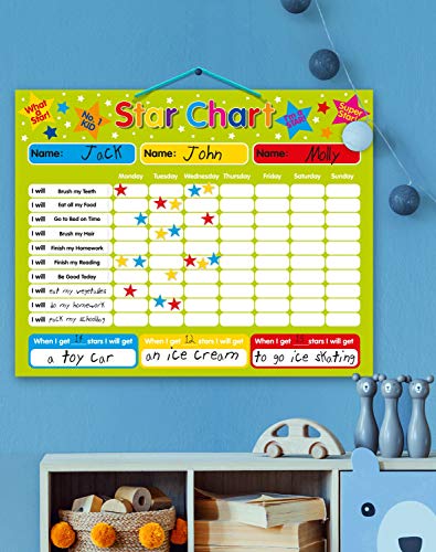 Magnetic Reward / Star / Responsibility / Behavior Chart for up to 3 Children. Rigid board 16" x 13" (40 x 32cm) with hanging loop