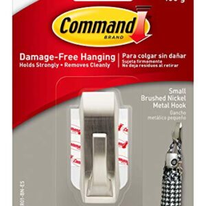 Command Small Modern Reflections Metal Hook, Brushed Nickel, 1-Hook, 2-Strips, Decorate Damage-Free