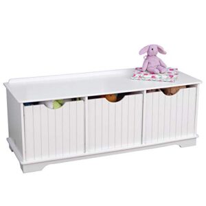 kidkraft nantucket wooden storage bench with three bins and wainscoting detail – white, gift for ages 3+