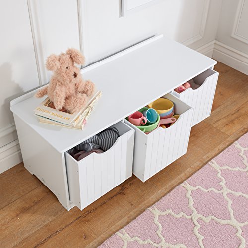 KidKraft Nantucket Wooden Storage Bench with Three Bins and Wainscoting Detail - White, Gift for Ages 3+