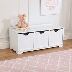 KidKraft Nantucket Wooden Storage Bench with Three Bins and Wainscoting Detail - White, Gift for Ages 3+