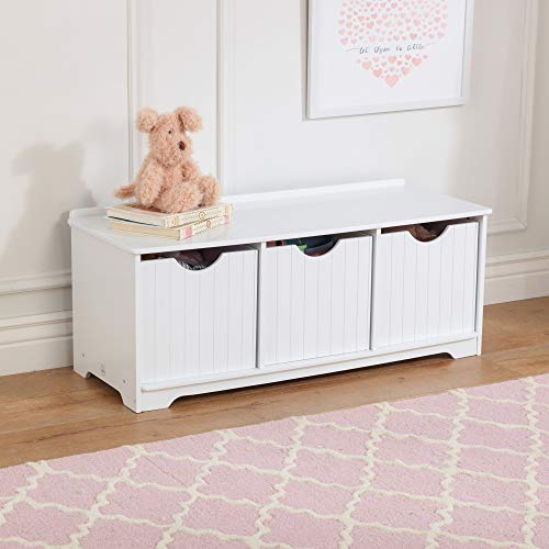 KidKraft Nantucket Wooden Storage Bench with Three Bins and Wainscoting Detail - White, Gift for Ages 3+