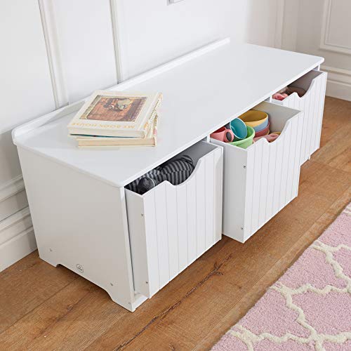 KidKraft Nantucket Wooden Storage Bench with Three Bins and Wainscoting Detail - White, Gift for Ages 3+