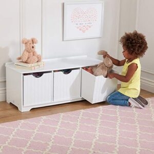 KidKraft Nantucket Wooden Storage Bench with Three Bins and Wainscoting Detail - White, Gift for Ages 3+