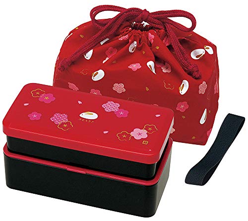 Japanese Traditional Rabbit Blossom Bento Box Set - Square 2 Tier Bento Box, Rice Ball Press, Bento Bag (Red)