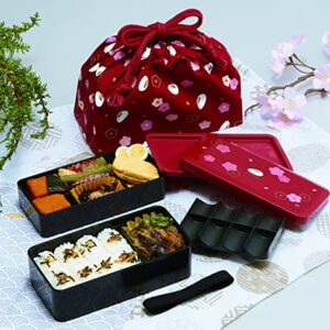 Japanese Traditional Rabbit Blossom Bento Box Set - Square 2 Tier Bento Box, Rice Ball Press, Bento Bag (Red)