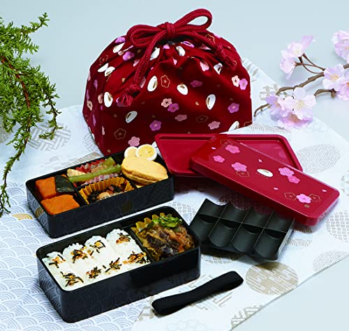 Japanese Traditional Rabbit Blossom Bento Box Set - Square 2 Tier Bento Box, Rice Ball Press, Bento Bag (Red)