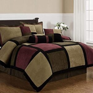 Chezmoi Collection 7-Piece Burgundy Brown Black Micro Suede Patchwork Comforter Set, King