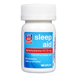 Rite Aid Nighttime Sleep Aid Diphenhydramine HCI 25 mg, 100 Mini Caplets | Non-Habit Forming Sleep Supplement | Best Sleep Aid for Insomnia | Insomnia Relief and Anxiety Relief Items Natural Sleep Aid