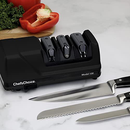 Chef’sChoice 130 Professional Electric Knife Sharpening Station for Straight and Serrated Knives and Uses Diamond Abrasives Made in USA, 3-Stage, Black