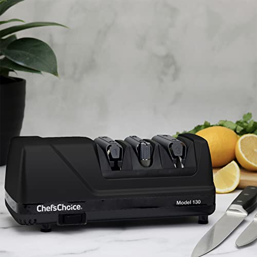 Chef’sChoice 130 Professional Electric Knife Sharpening Station for Straight and Serrated Knives and Uses Diamond Abrasives Made in USA, 3-Stage, Black