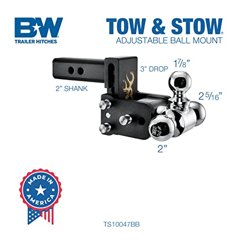 B&W Trailer Hitches Tow & Stow Adjustable Trailer Hitch Ball Mount with Browning Logo - Fits 2" Receiver, Tri-Ball (1-7/8" x 2" x 2-5/16"), 3" Drop, 10,000 GTW - TS10047BB