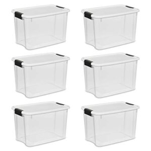sterilite 19859806, 30 quart/28 liter ultra latch box, clear with a white lid and black latches, 6-pack