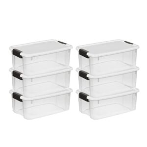 sterilite 18 quart clear plastic stackable storage container bin box tote with white latching lid organizing solution for home & classroom, 6 pack