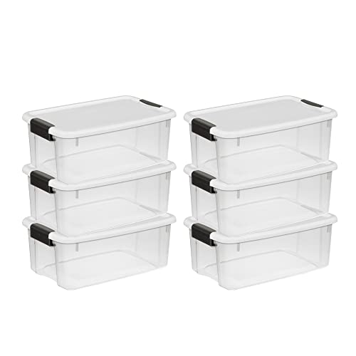 Sterilite 18 Quart Clear Plastic Stackable Storage Container Bin Box Tote with White Latching Lid Organizing Solution for Home & Classroom, 6 Pack