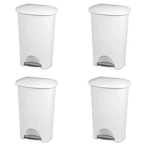 Sterilite 10968004 11 Gallon/42 Liter StepOn Wastebasket, White Lid & Base w/ Titanium Pedal, 4-Pack