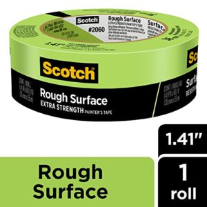 Scotch Rough Surface Extra Strength Painter's Tape, Green, Tape Protects Surfaces and Removes Easily, Rough Surface Painting Tape for Indoor and Outdoor Use, 1.41 Inches x 60.1 Yards, 1 Roll