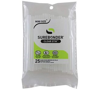 surebonder “clear stik” hot glue sticks for all temperatures – mini size 4″ l, 5/16″ d – 25 pack – all purpose, made in usa (dt-25)
