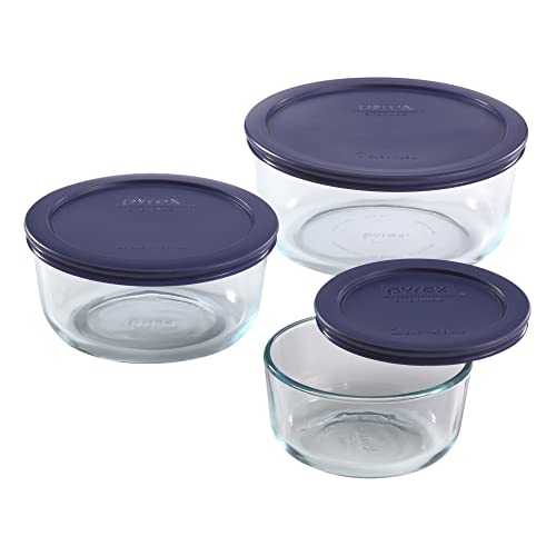 Pyrex Simply Store 6-Pc Glass Food Storage Container Set with Lid, 7-Cup, 4-Cup, & 2-Cup Round Glass Storage Containers with Lid, BPA-Free Lid, Dishwasher, Microwave and Freezer Safe