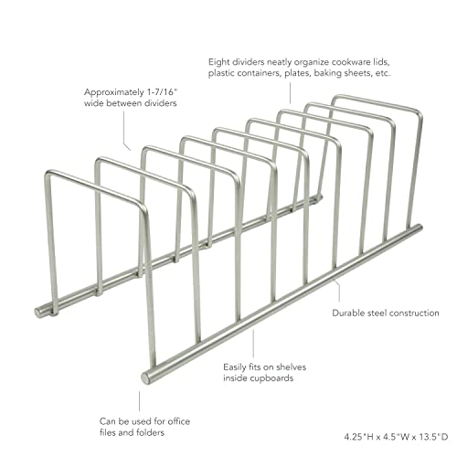 Spectrum Diversified Euro Kitchen Organizer for Plates, Cutting Boards, Bakeware Cooling Racks, Pots & Pans, Serving Trays, Reusable Containers, and Lids, Satin Nickel