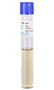 tryptic soy broth (tsb), a general growth medium for microorganisms, 5ml fill, 16x100mm tube, optically clear, shatter resistant, polycarbonate tube, order by the package of 20, by hardy diagnostics