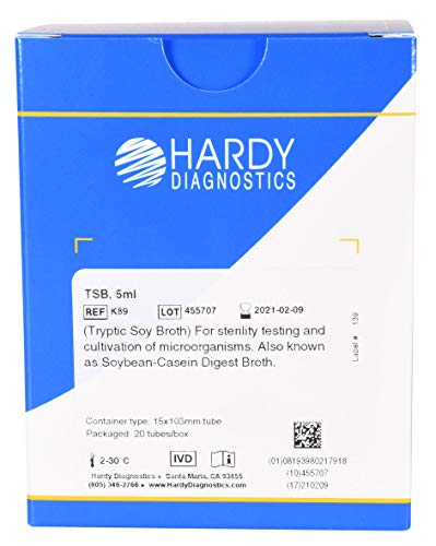 Tryptic Soy Broth (TSB), a General Growth Medium for Microorganisms, 5ml Fill, 16x100mm Tube, Optically Clear, Shatter Resistant, Polycarbonate Tube, Order by The Package of 20, by Hardy Diagnostics