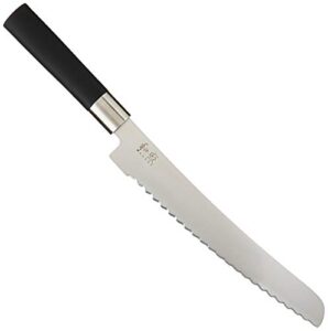 kai wasabi bread knife 9”, wide serrations are gentle on bread, comfortable handle offers secure grip in wet conditions, serrated kitchen knife