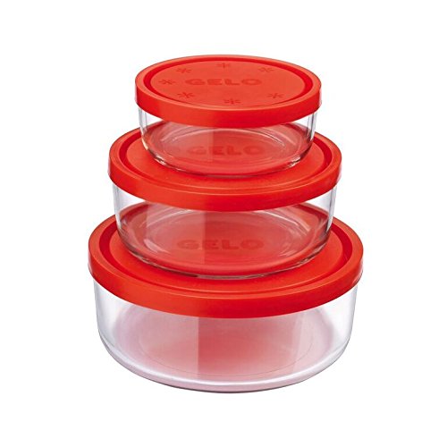 Bormioli Rocco Gelo 3pc Storage Glass Container Set with Red Lid, 11.62, 24.37, 44.62oz, Clear