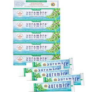 auromere ayurvedic herbal toothpaste, fresh mint – vegan, natural, non gmo, flouride free, gluten free, with neem & peelu (4.16 oz), 5 pack
