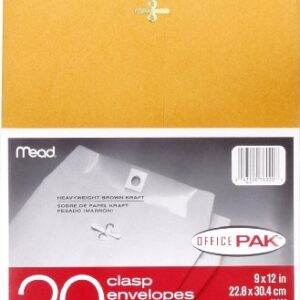 Mead Letter Size Mailing Envelopes, Clasp Closure, All-Purpose 24-lb Paper, 9" X 12", Brown Kraft Material, 20/Pack (76020)
