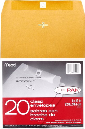 Mead Letter Size Mailing Envelopes, Clasp Closure, All-Purpose 24-lb Paper, 9" X 12", Brown Kraft Material, 20/Pack (76020)