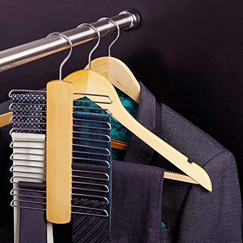 HANGERWORLD Wooden Tie Hanger Space Saving for up to 20 Belts and Ties Organizer