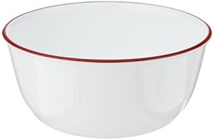 corelle vitrelle 28-oz bowl, triple layer glass and chip resistant, easy-to-clean, lightweight round bowl, red rim band