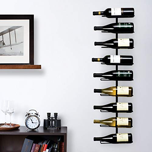 True Align Wall-Mounted Wine Rack, Black Wrought Iron, Minimalist Modern Wine Display, Alcohol Storage Solution, Holds Nine Standard Wine Bottles, 37.75" x 9.75"