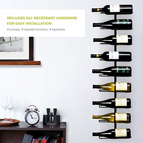 True Align Wall-Mounted Wine Rack, Black Wrought Iron, Minimalist Modern Wine Display, Alcohol Storage Solution, Holds Nine Standard Wine Bottles, 37.75" x 9.75"