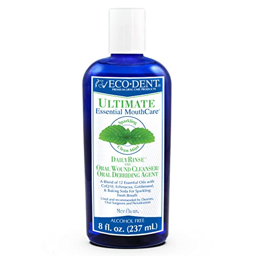 Eco-Dent Ultimate Essential MouthCare - Daily Mouth Rinse & Oral Wound Cleanser and Debriding Agent, Alcohol-Free Mouthwash w/ CoQ10, Echinacea, Goldenseal, Essential Oils & Baking Soda, 8 Fl Oz