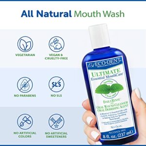 Eco-Dent Ultimate Essential MouthCare - Daily Mouth Rinse & Oral Wound Cleanser and Debriding Agent, Alcohol-Free Mouthwash w/ CoQ10, Echinacea, Goldenseal, Essential Oils & Baking Soda, 8 Fl Oz