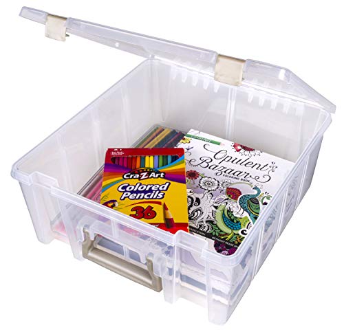 ArtBin 0365500 Super Satchel Double Deep, Portable Art & Craft Organizer with Handle, [1] Plastic Storage Case, Clear with Gold Accents, Clear & Gold