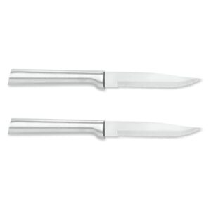 rada cutlery serrated steak knife stainless steel blade with aluminum made in usa, 7-3/4 inches, silver handle, pack of 2