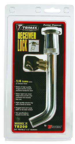 Trimax Deluxe 5/8" Dia. Key Bent Pin Receiver Lock, 3-1/2" Span TR200, Clam Packaging, Chrome