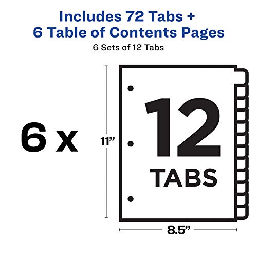 Avery Ready Index 12-Tab Binder Dividers, Customizable Table of Contents, Multicolor Tabs, 6 Sets (11196)