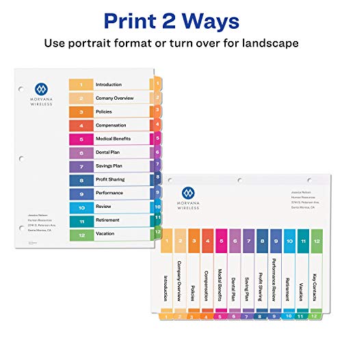 Avery Ready Index 12-Tab Binder Dividers, Customizable Table of Contents, Multicolor Tabs, 6 Sets (11196)