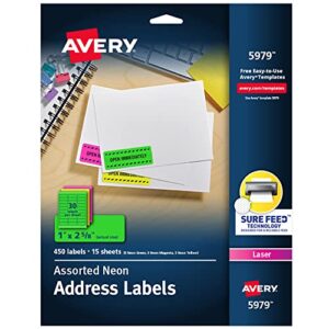 avery printable address labels with sure feed, 1″ x 2-5/8″, assorted neon (magenta, green and yellow), 450 blank mailing labels (5979)