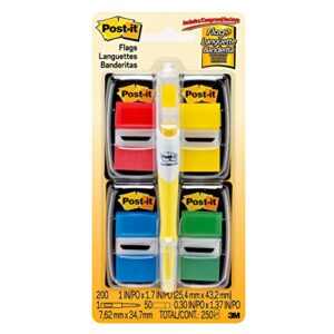 post-it flags value pack, 50/dispenser, 4 dispensers/pack, 1 in wide, assorted colors, includes free flags + highlighter (680-rybgva)