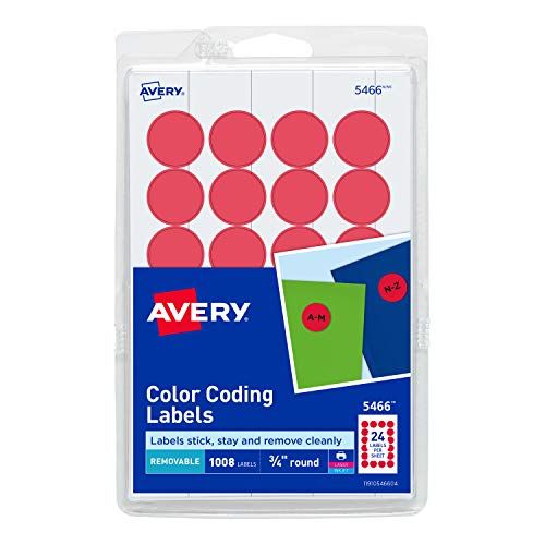 Avery Print/Write Self-Adhesive Removable Labels, 0.75 Inch Diameter, Red, 1008 per Pack (5466)